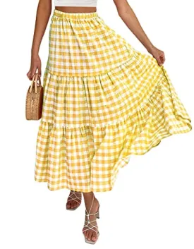 KIRUNDO Women's 2023 Spring Summer Casual High Waist Plaid Maxi Skirt A-Line Tiered Ruffle Flowy Swing Gingham Long Skirts(Solid-Yellow, X-Large)