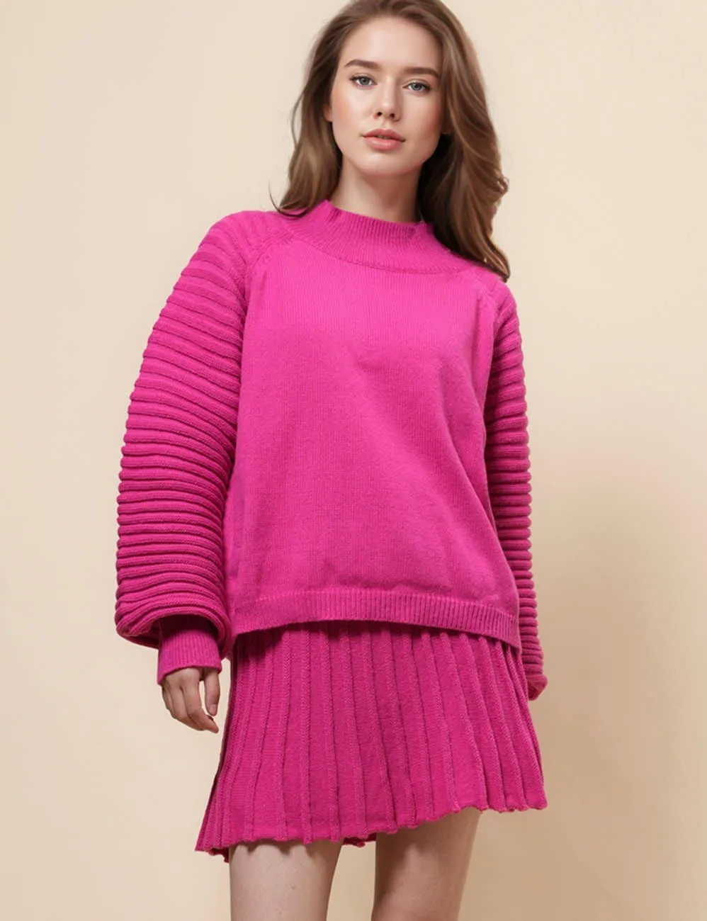 Ladies Pullover Sweater Top & Mini Pleated Skirt Set SKST41008