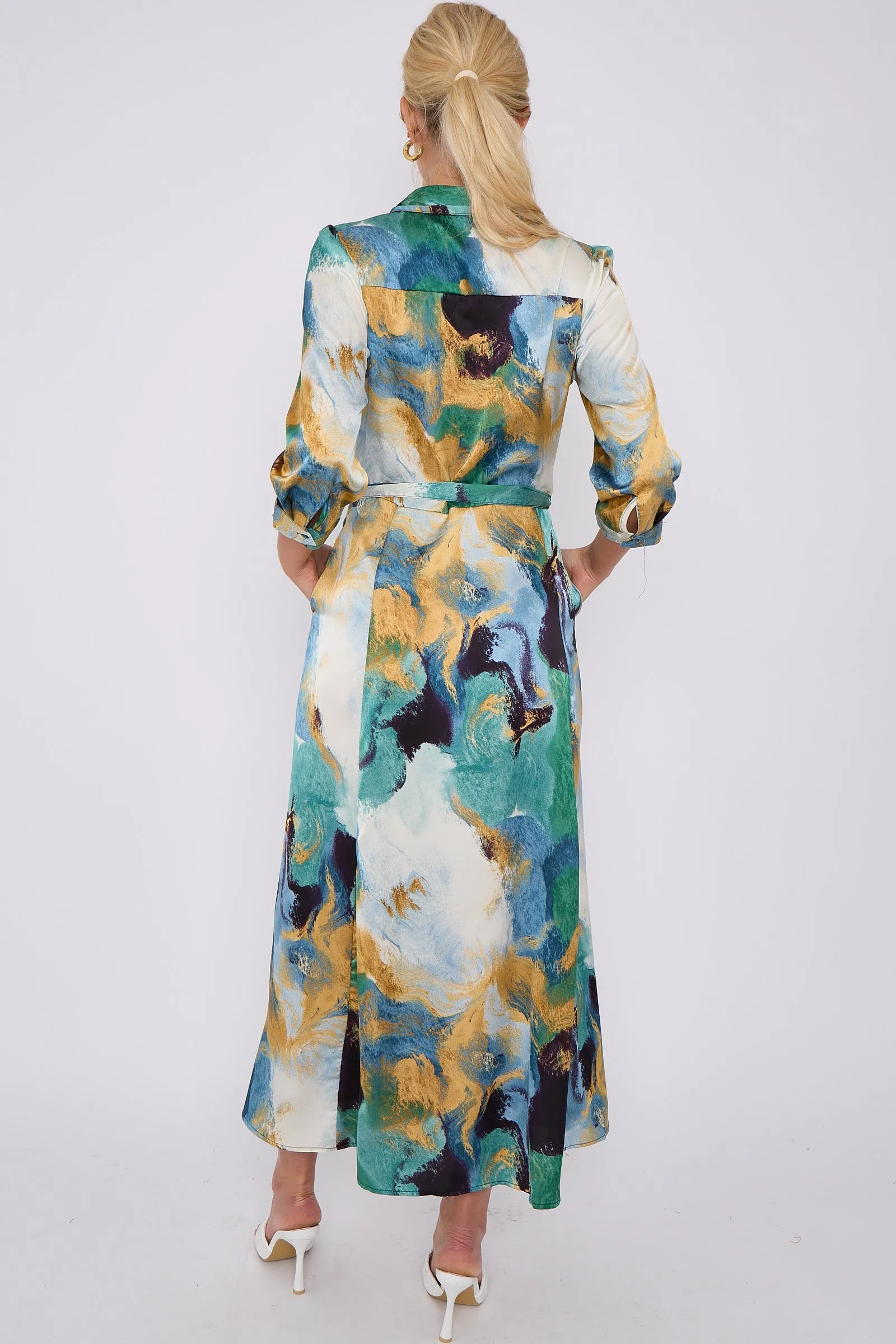 LOVE SUNSHINE Green Abstract Print Satin Maxi Shirt Dress