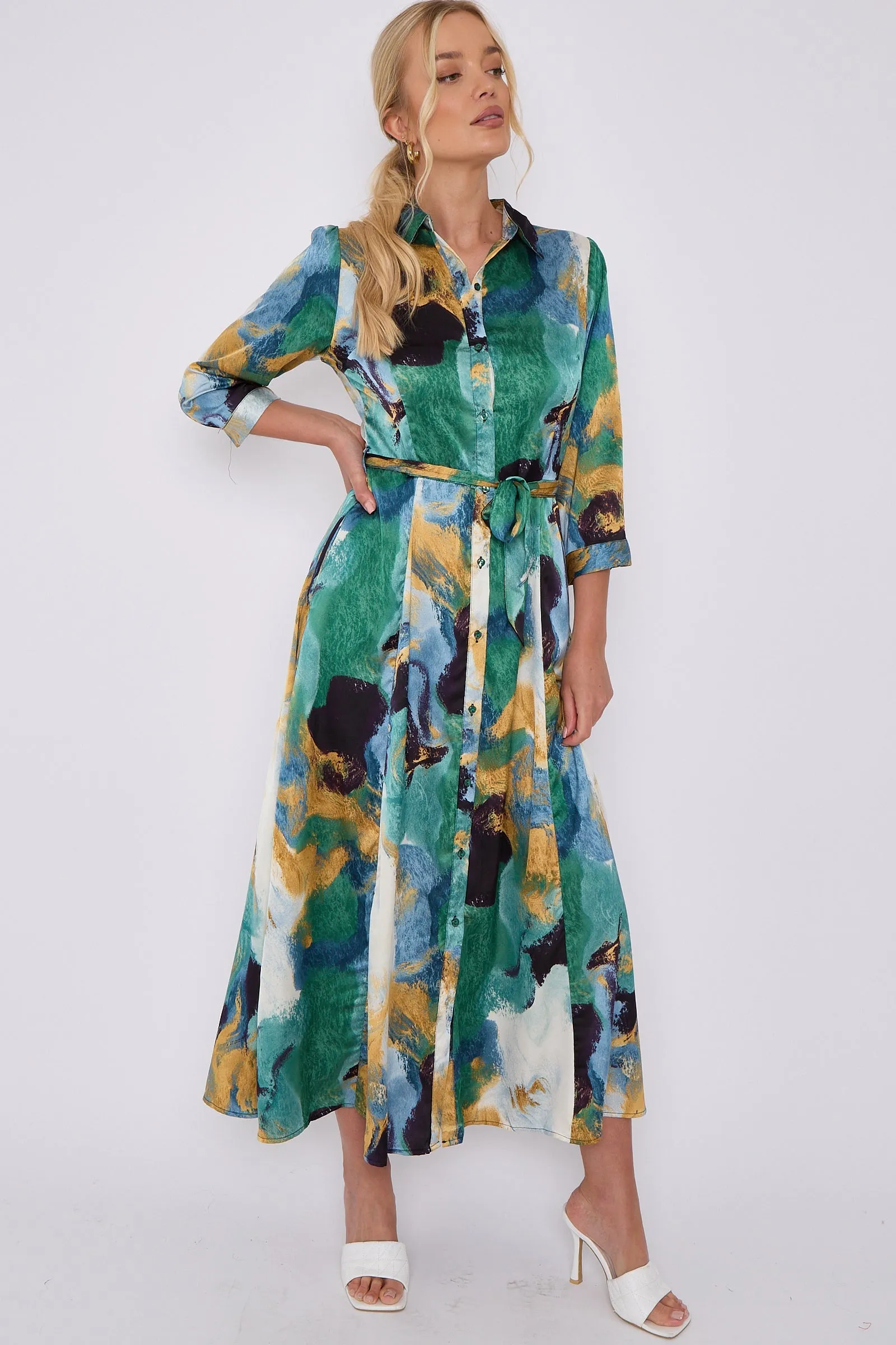 LOVE SUNSHINE Green Abstract Print Satin Maxi Shirt Dress