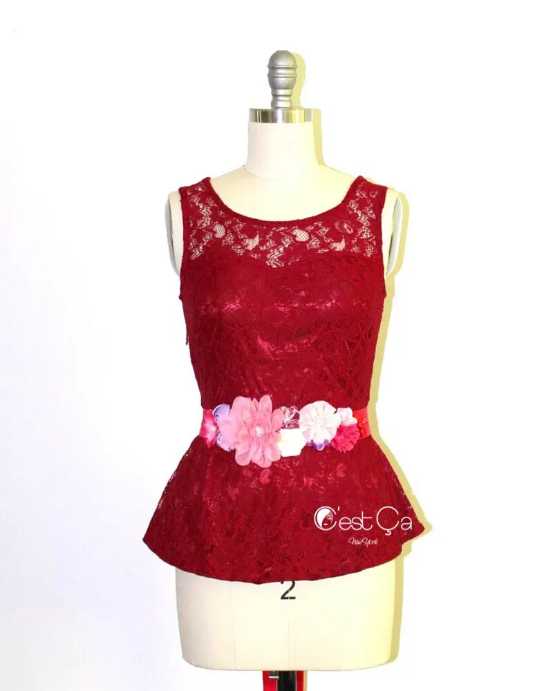 Lynn Wine Red Lace Peplum Top