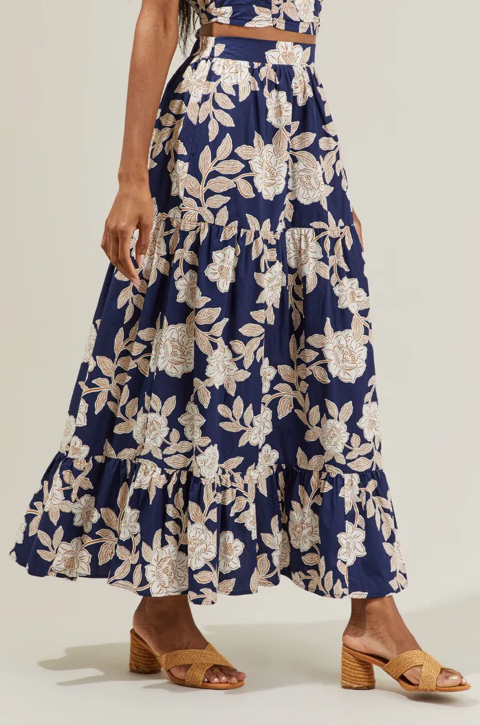 Navy Floral Ruffled Maxi Skirt