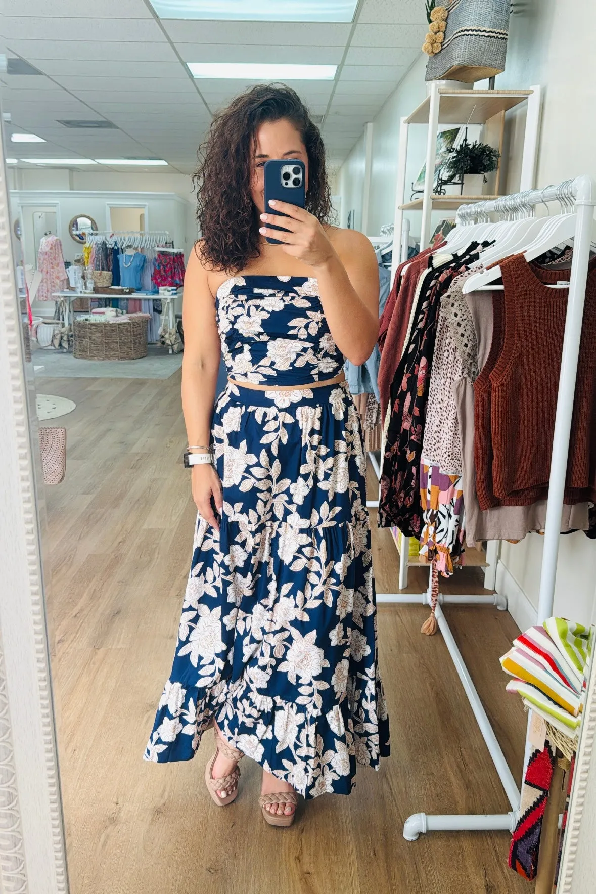 Navy Floral Ruffled Maxi Skirt