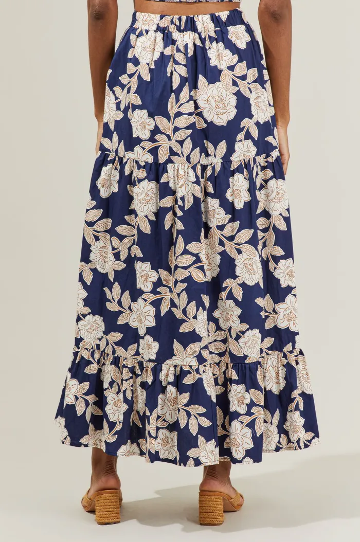 Navy Floral Ruffled Maxi Skirt