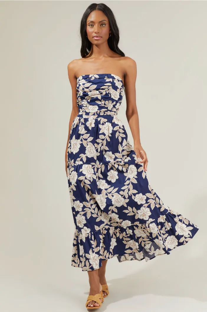 Navy Floral Ruffled Maxi Skirt