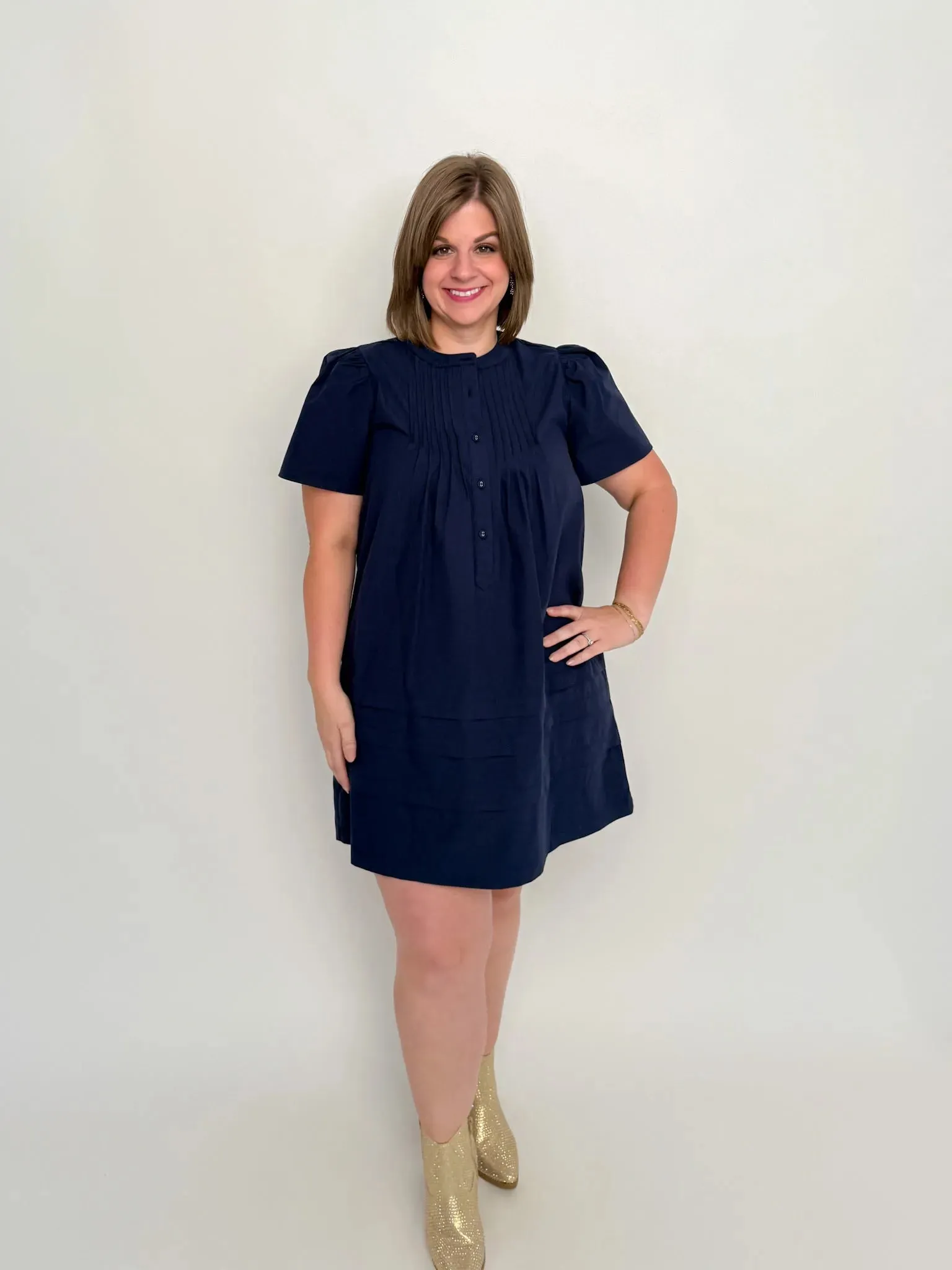 Navy Pleated Poplin Dress