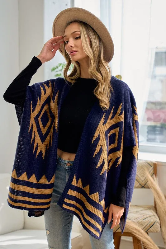 Navy/Mustard Sweater Shawl Wrap with Aztec Pattern