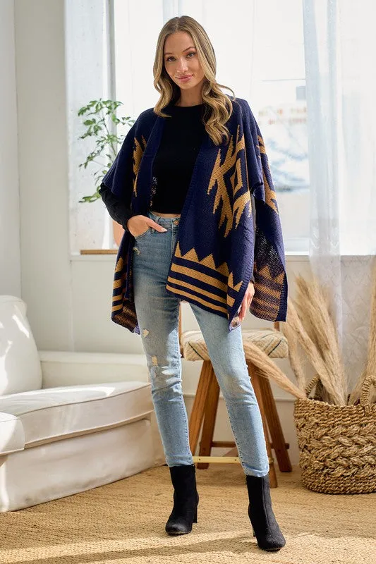 Navy/Mustard Sweater Shawl Wrap with Aztec Pattern