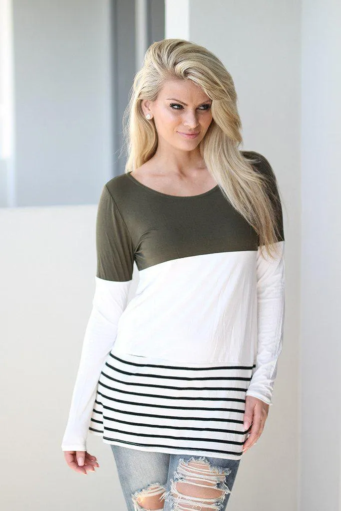 Olive and White Color Block Top