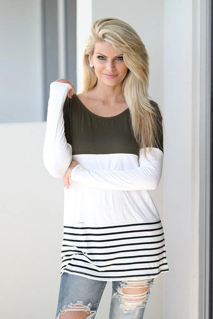 Olive and White Color Block Top