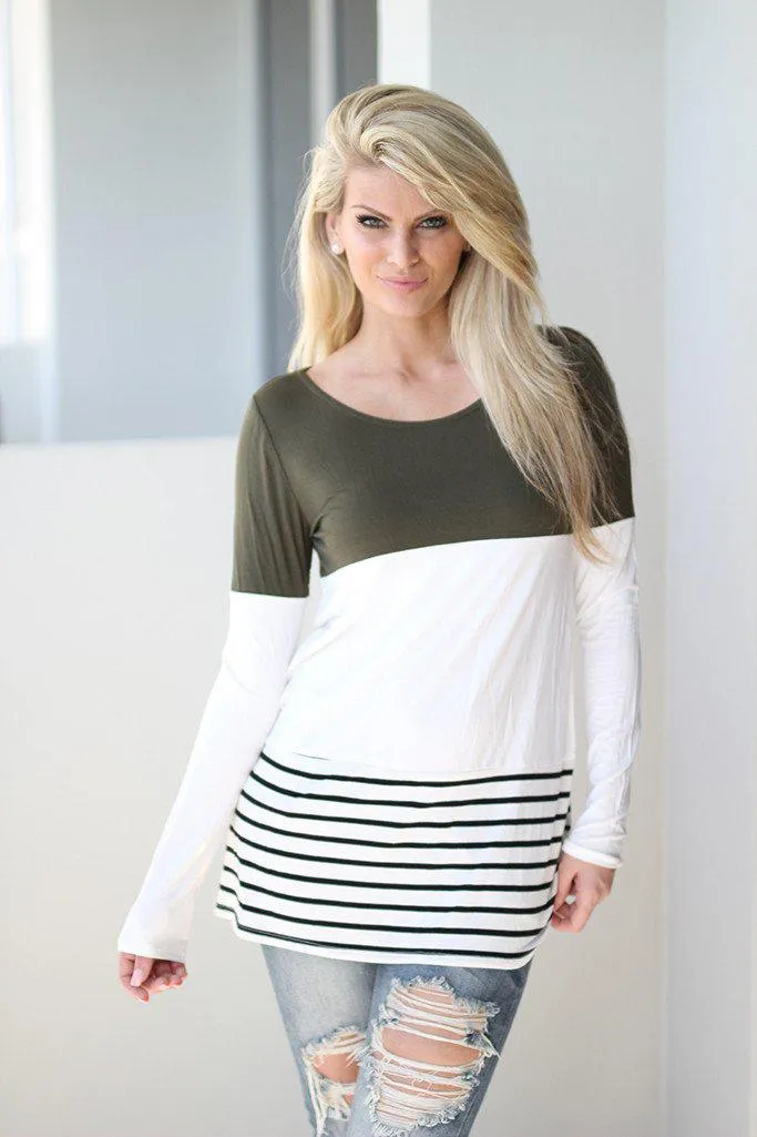 Olive and White Color Block Top