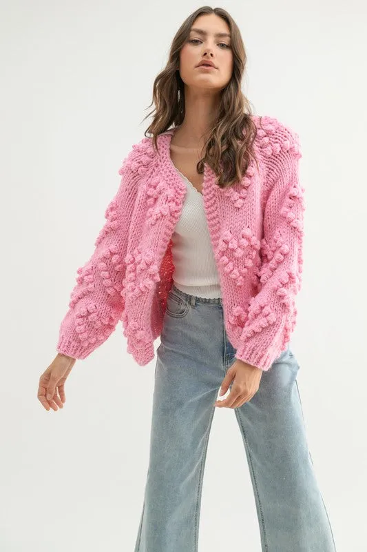 Pink Hand-Knit Pom-Pom Heart Cardigan