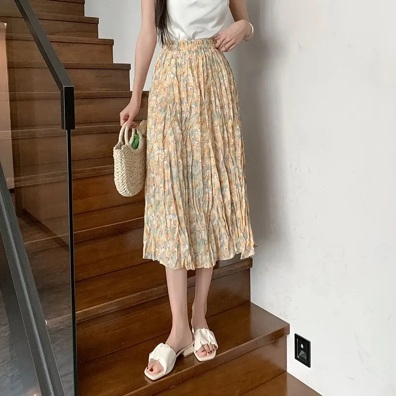 Pink Printed High Waist Women's Skirts Summer Vacation Casual Female Skirt Streetwear Drawstring Elastic Waist Midi Skirt