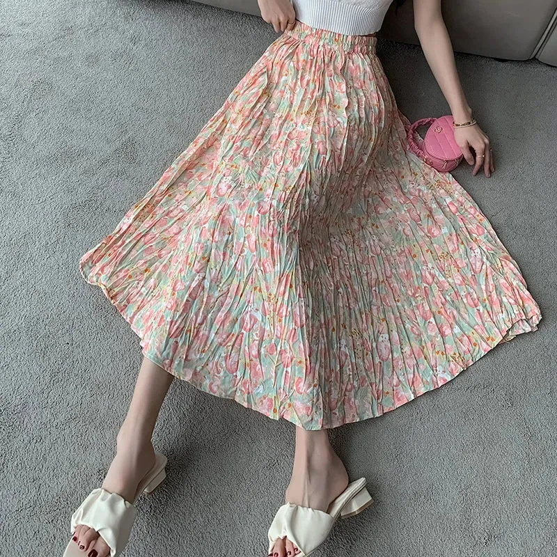 Pink Printed High Waist Women's Skirts Summer Vacation Casual Female Skirt Streetwear Drawstring Elastic Waist Midi Skirt