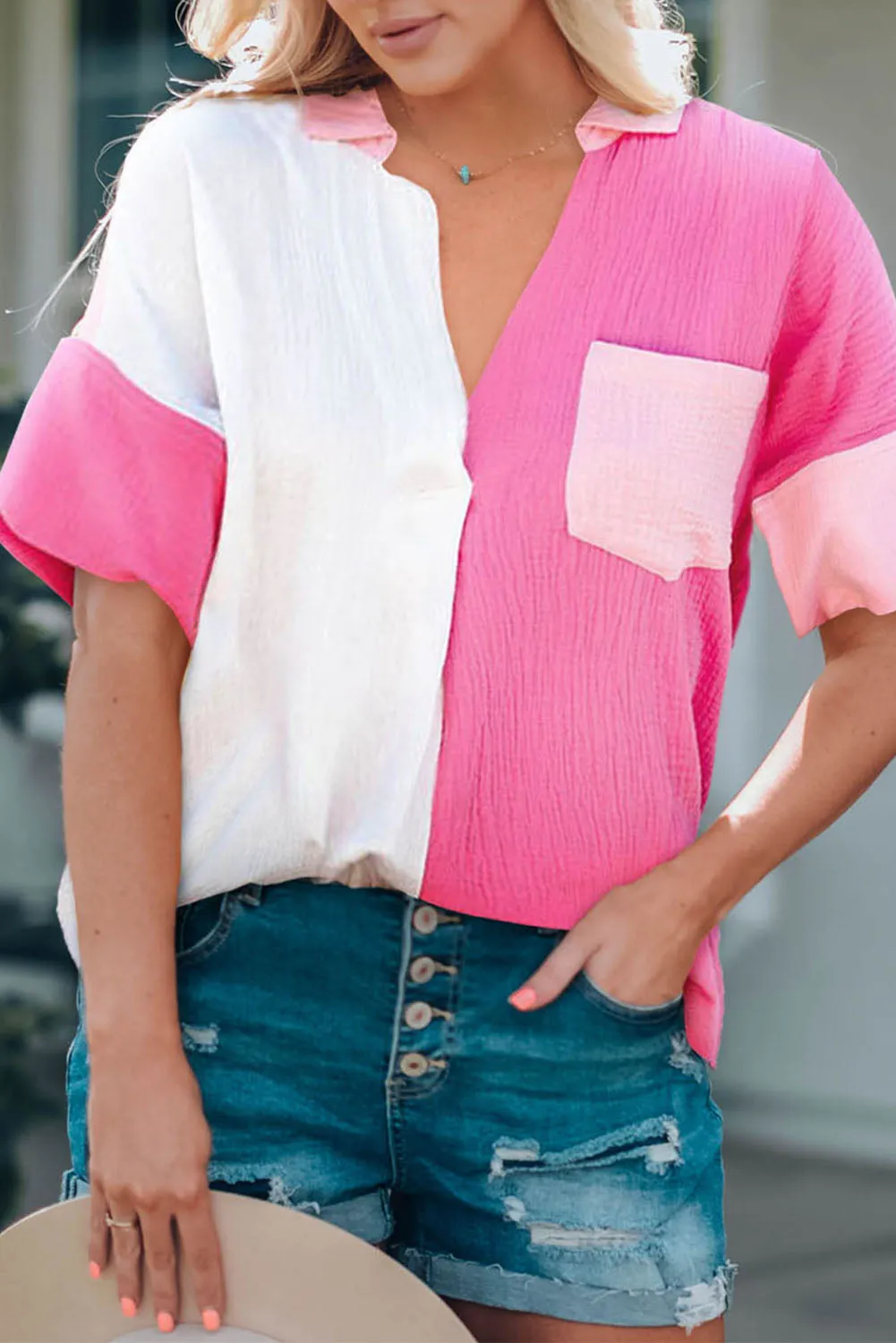 Pink Summer Color Block Textured Johnny Collar Blouse