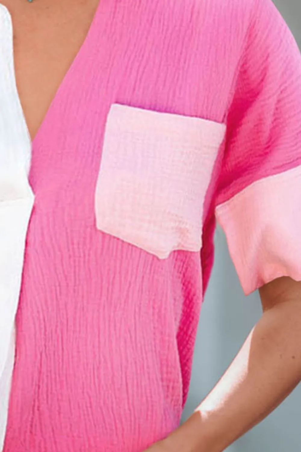 Pink Summer Color Block Textured Johnny Collar Blouse