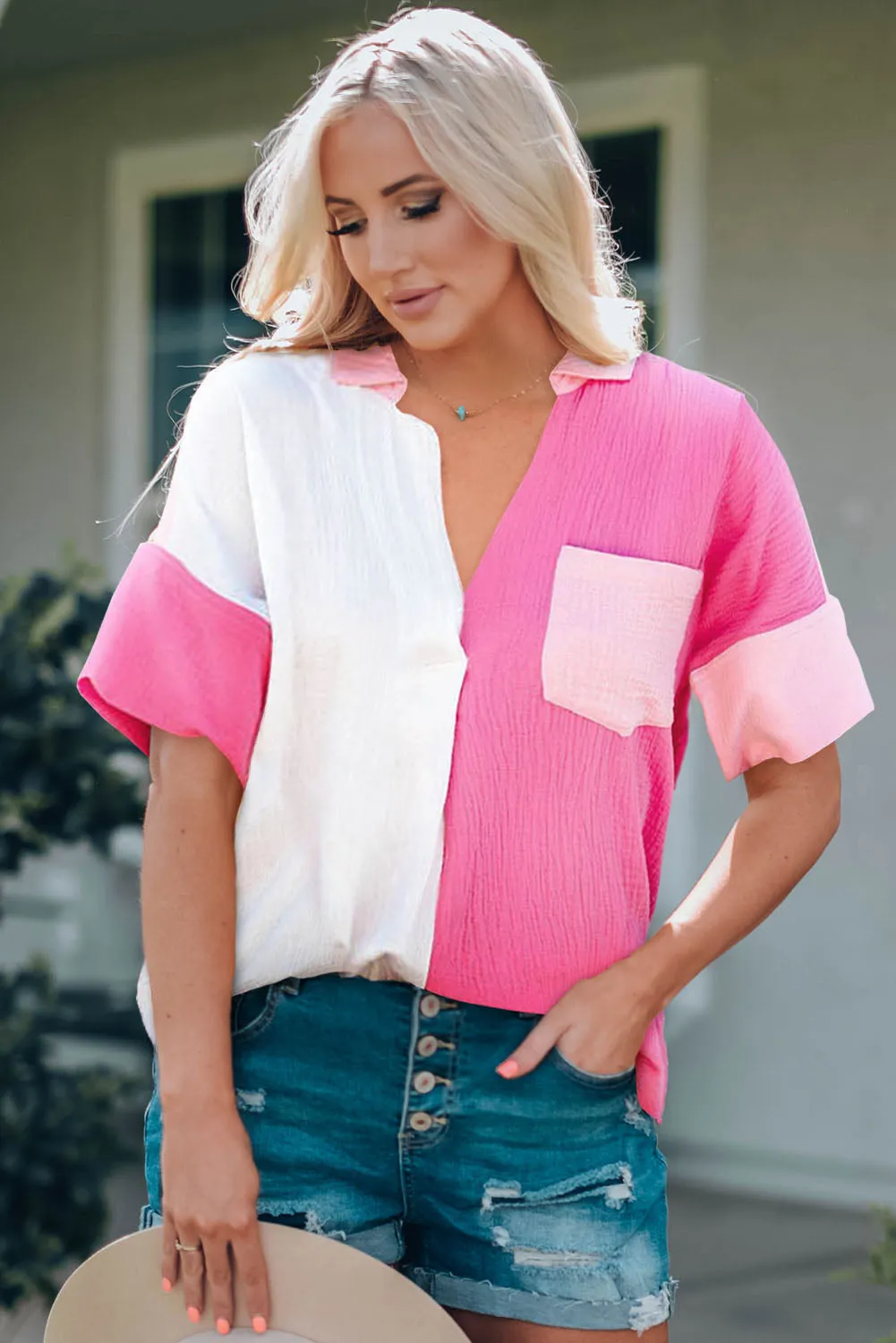 Pink Summer Color Block Textured Johnny Collar Blouse