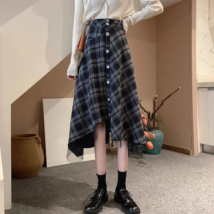 Plaid Button-Down Skirt With Laced Hem