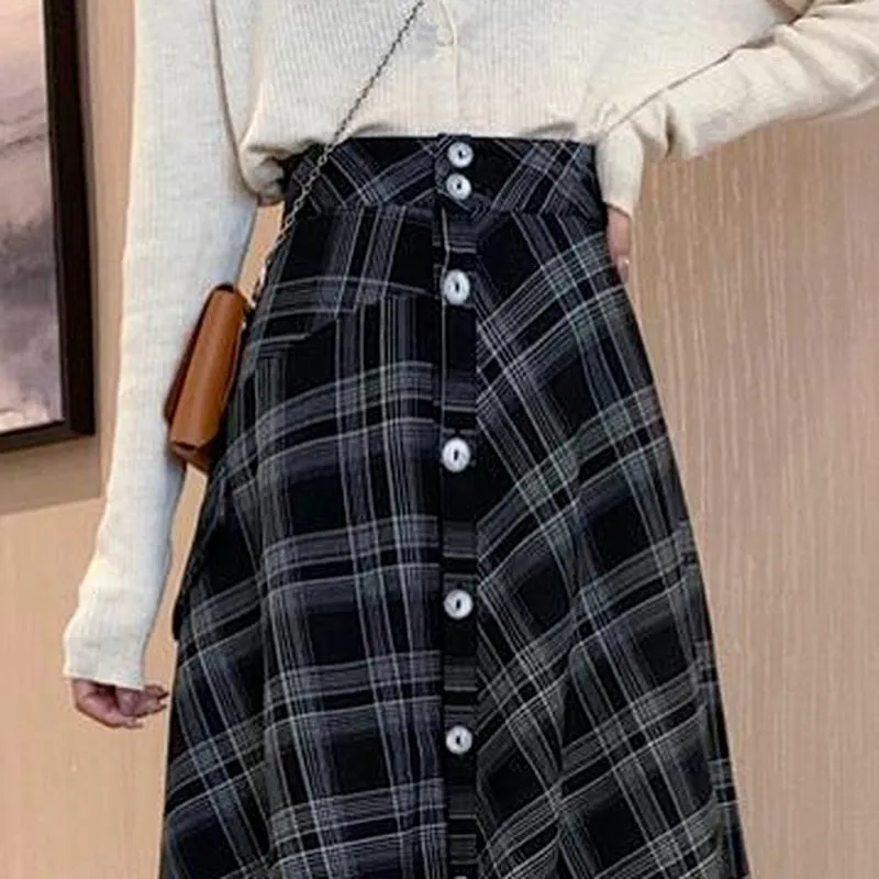 Plaid Button-Down Skirt With Laced Hem