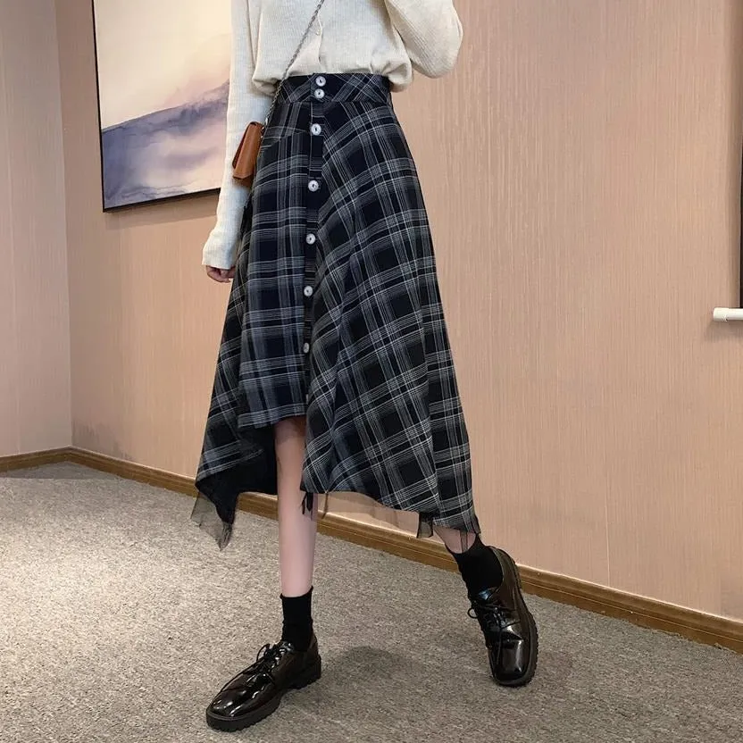 Plaid Button-Down Skirt With Laced Hem