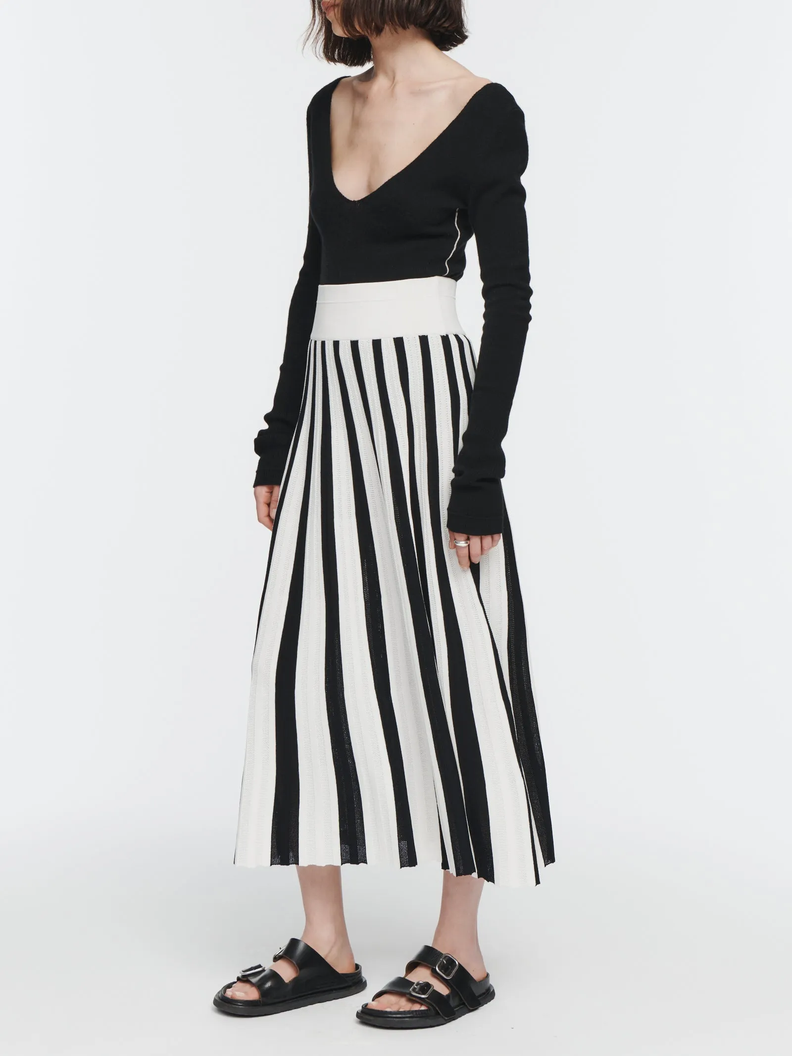 Pleated Mesh Skirt in Ivory & Black Stripe