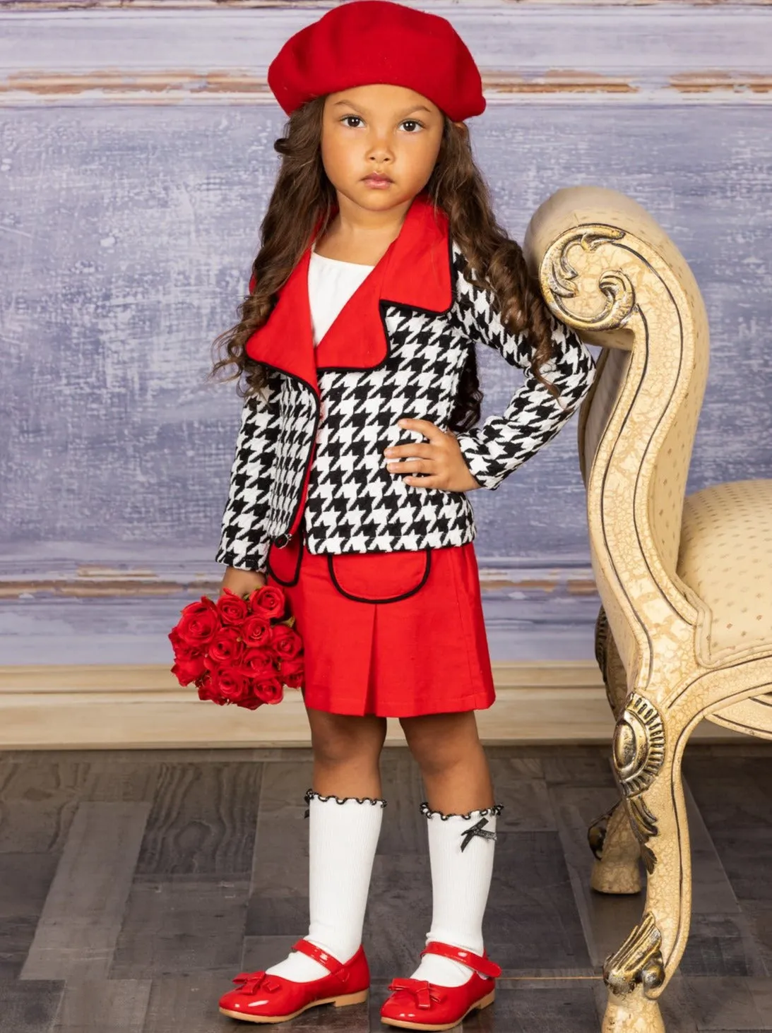 Posh And Preppy Houndstooth Blazer And Pleated Skirt Set