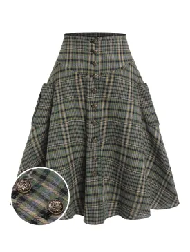 [Pre-Sale] Green 1950s Country Check Button Skirt