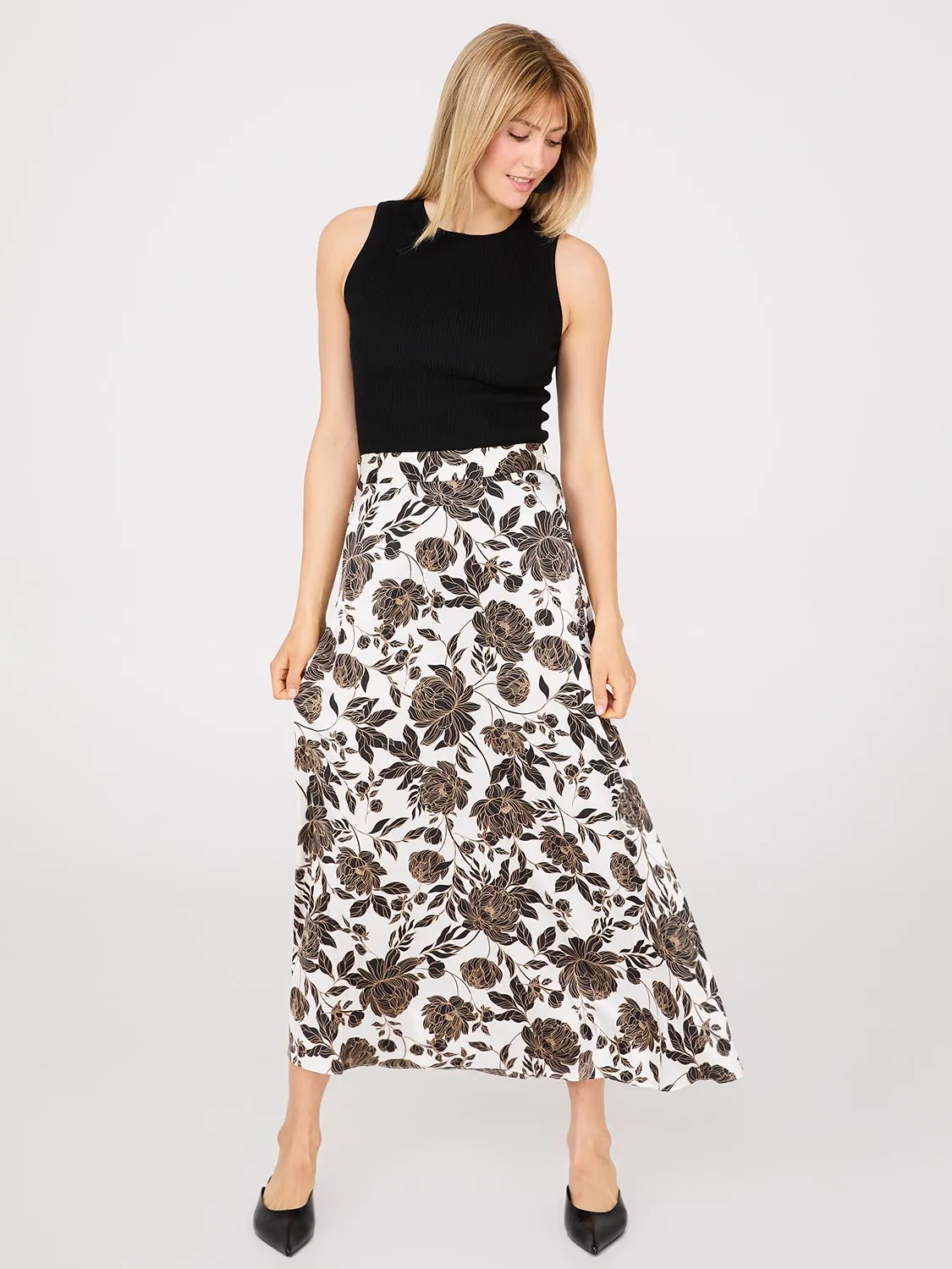 Printed Satin A-Line Skirt