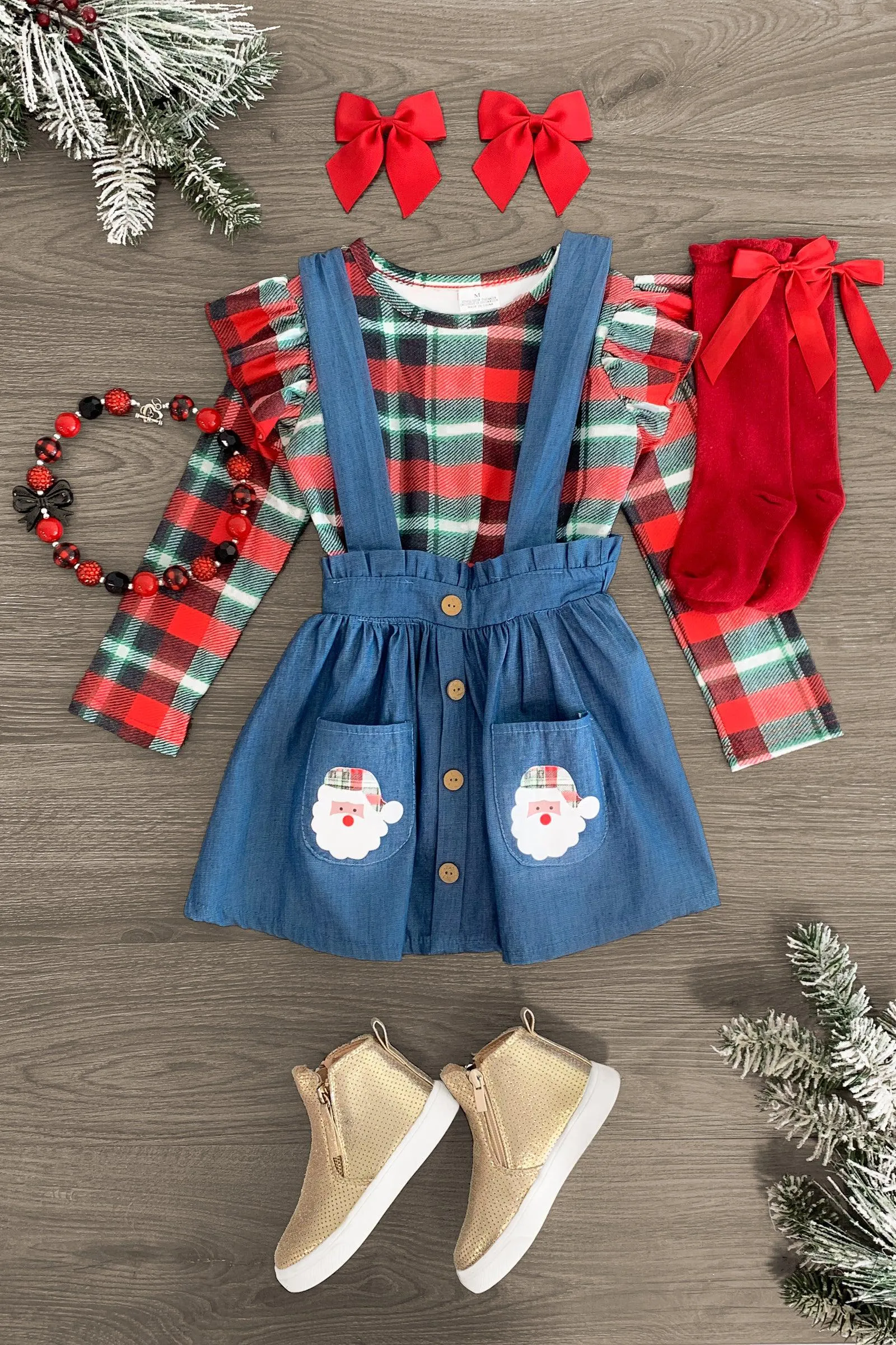 Red & Green Plaid Santa Suspender Skirt Set