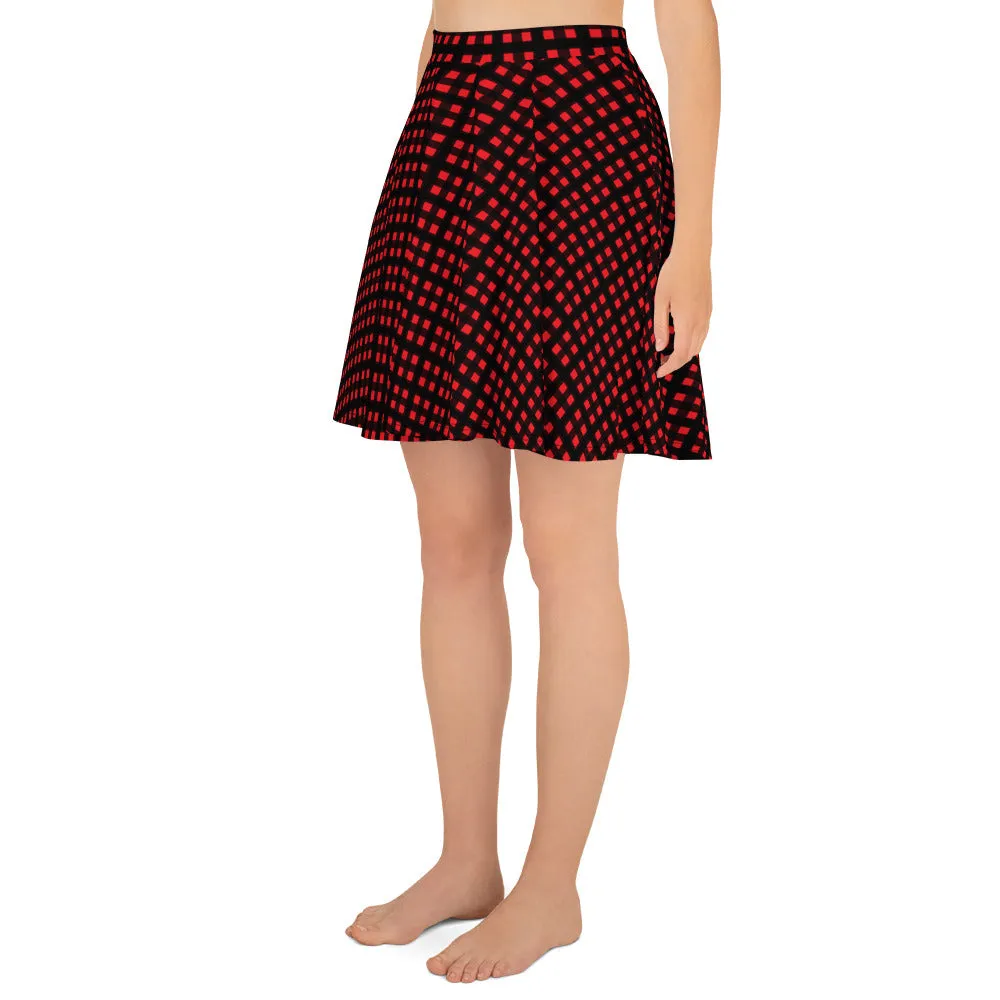 Red Buffalo Plaid Skater Skirt, Plaid Print Preppy Women's Tennis Skirts-Made in USA/EU