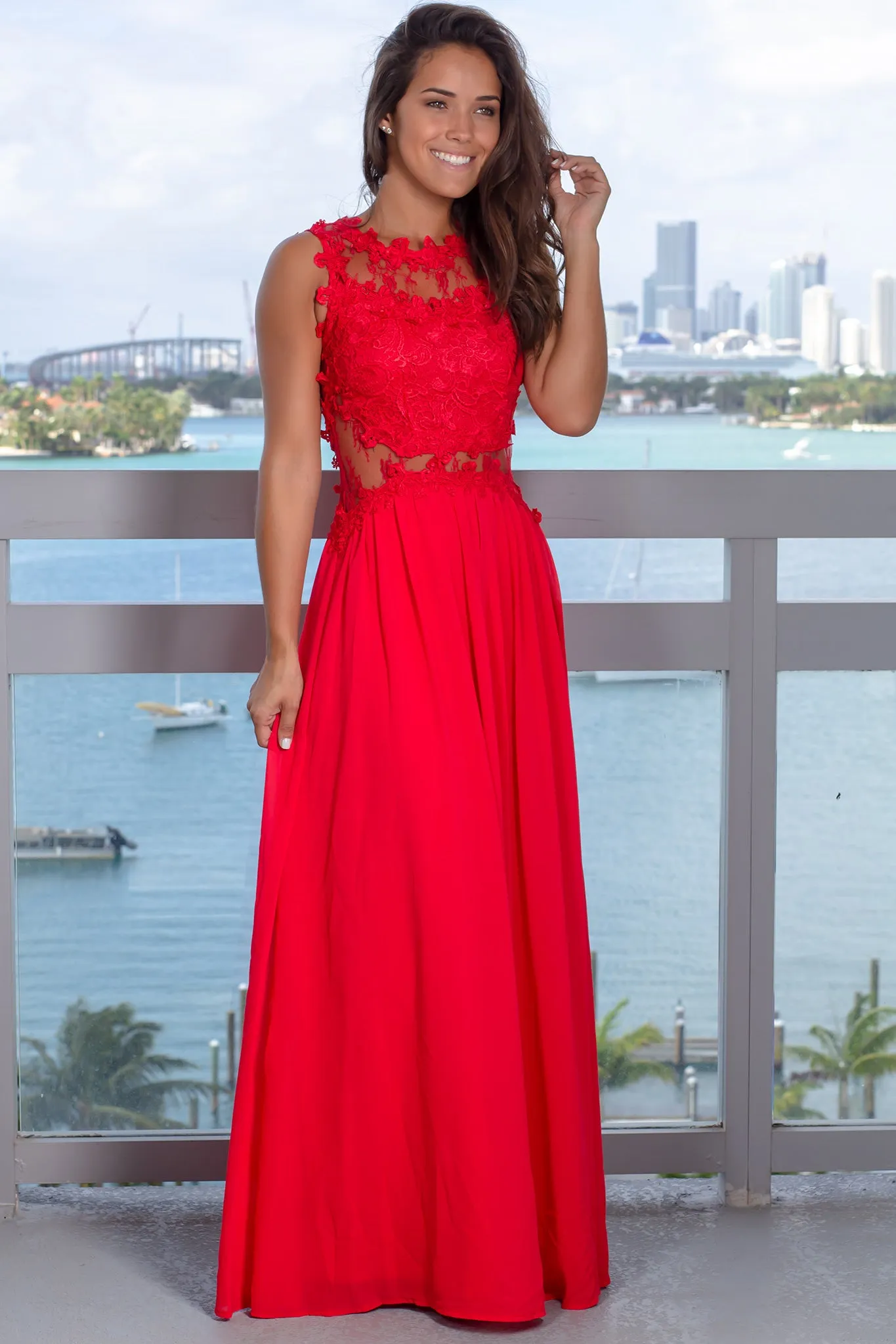 Red Lace Top Maxi Dress