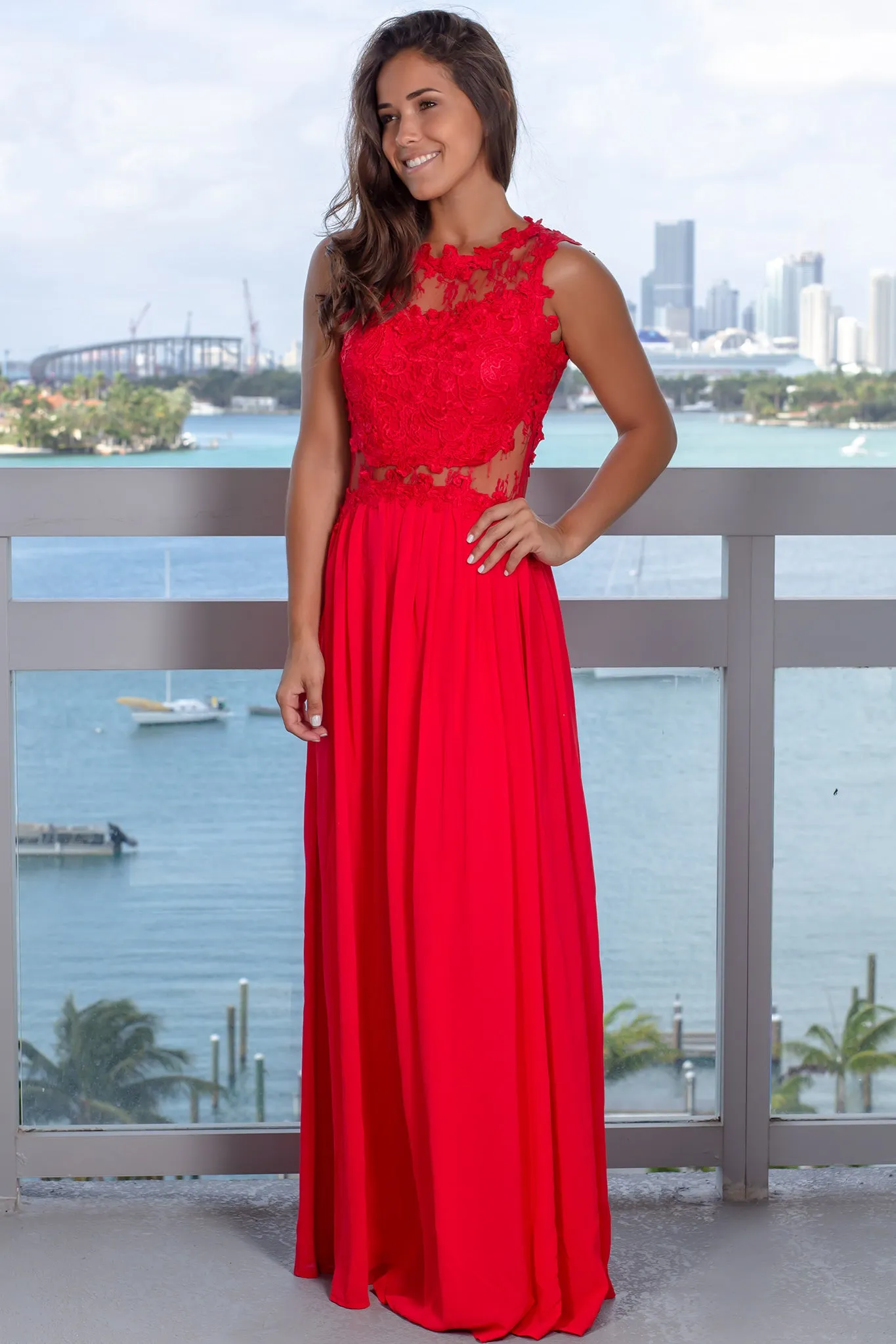 Red Lace Top Maxi Dress