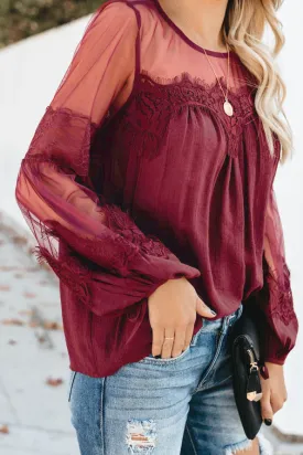 Red Lantern Sleeve Sheer Lace Top