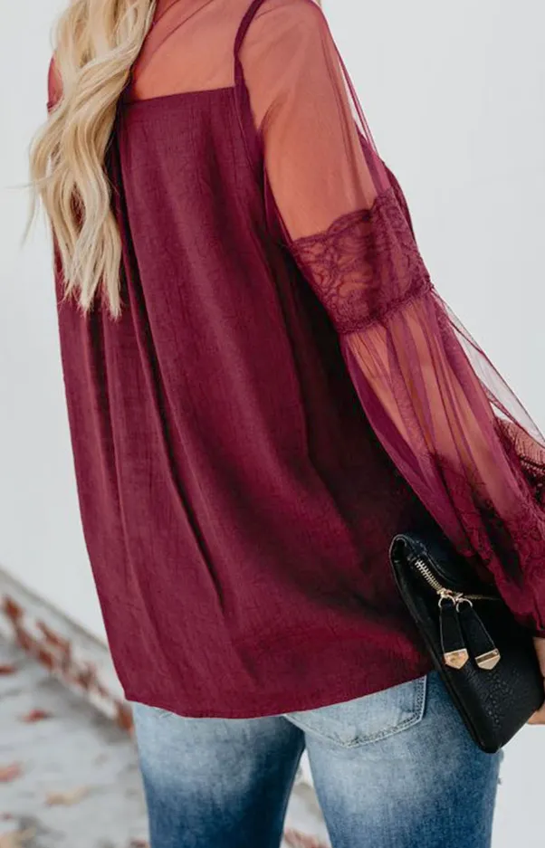 Red Lantern Sleeve Sheer Lace Top