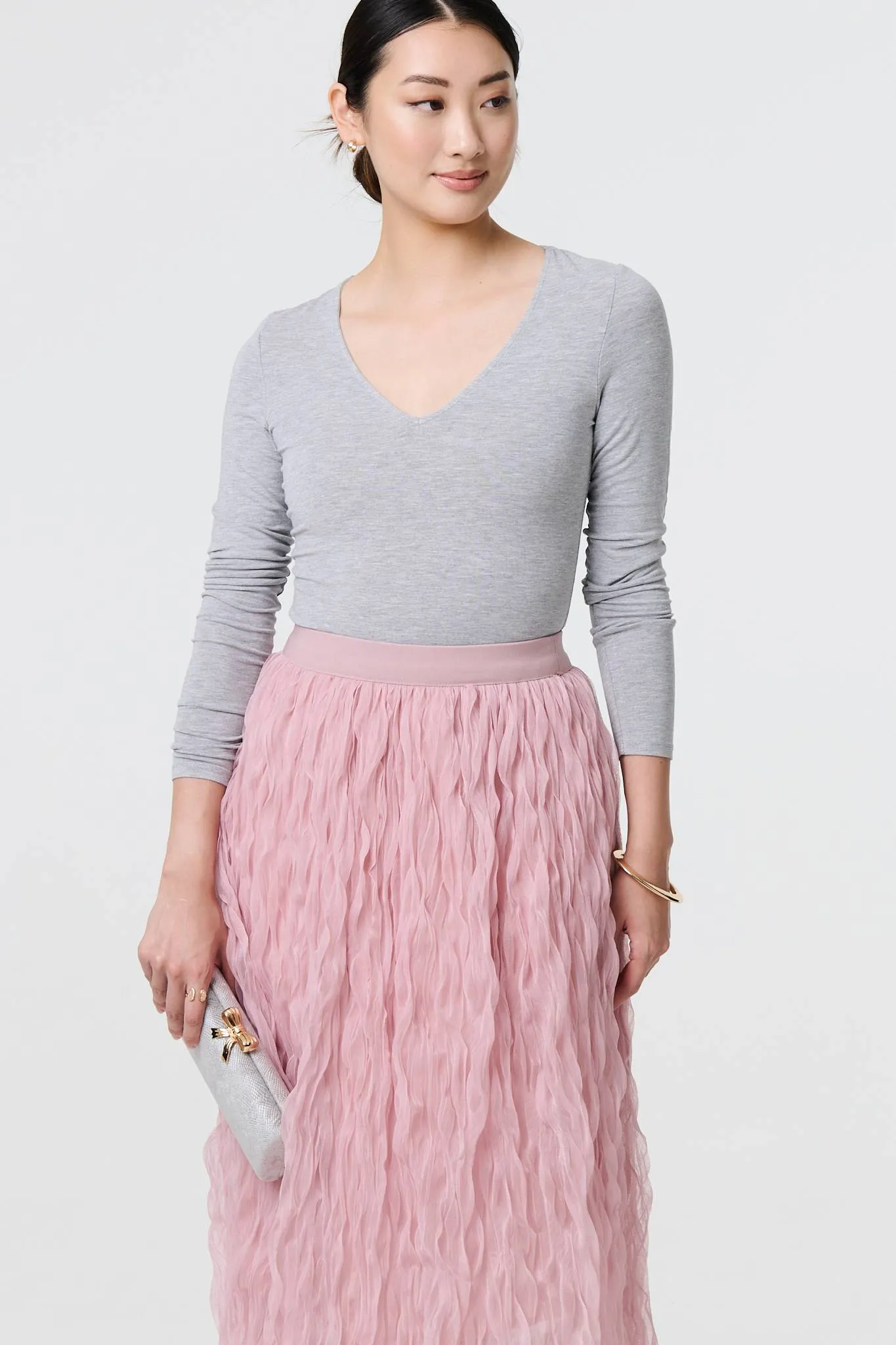 Ruffled High Waist Semi Sheer Midi Skirt