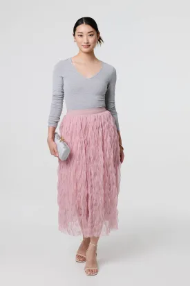 Ruffled High Waist Semi Sheer Midi Skirt