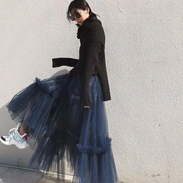 Ruffled Tulle Maxi Skirt