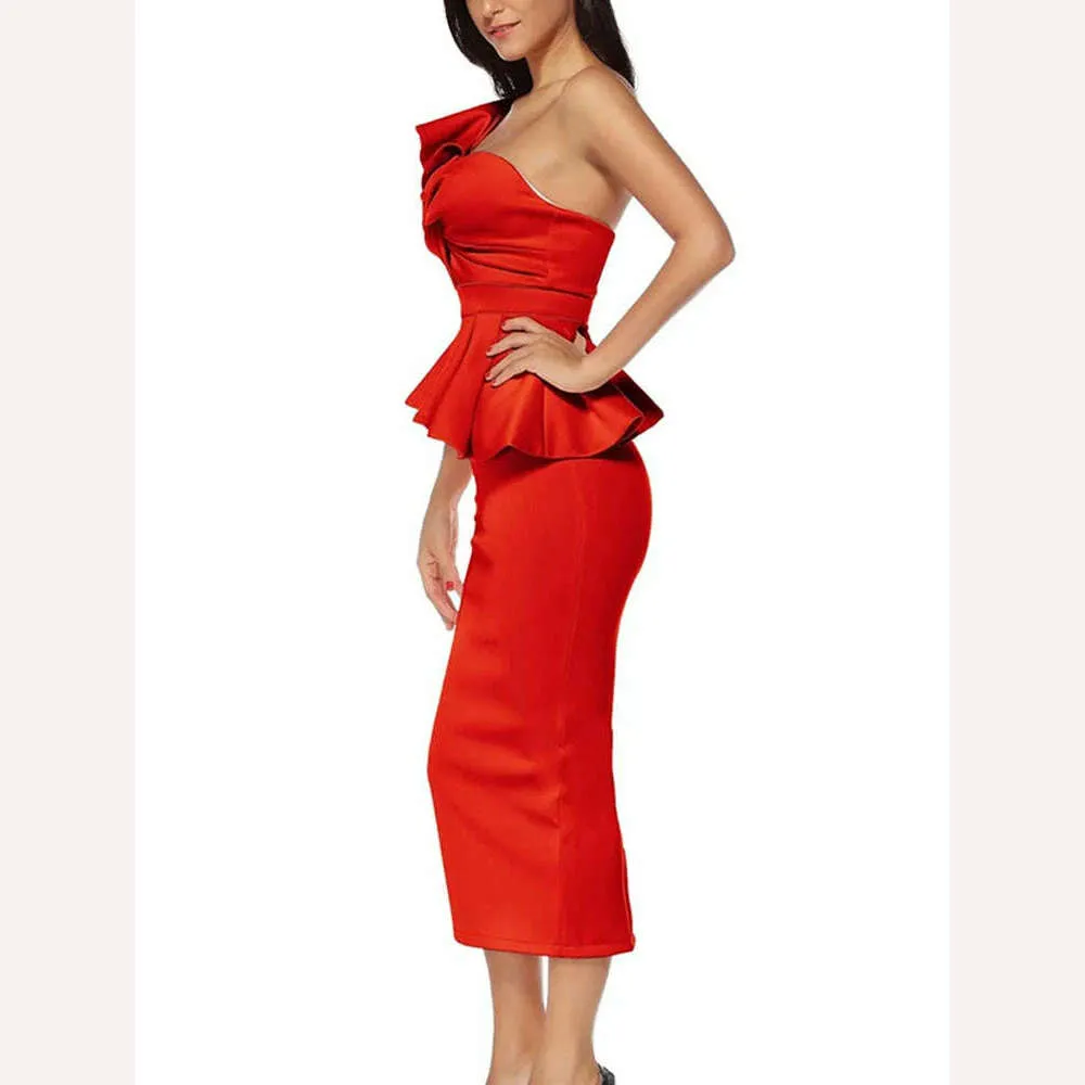 VGH Solid Elegant Two Piece Set For Women Strapless Petal Sleeve Top High Waist Spliced Ruffles Bodycon Skirt Slim Sets Female