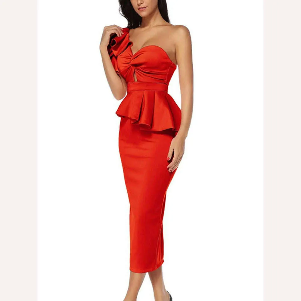 VGH Solid Elegant Two Piece Set For Women Strapless Petal Sleeve Top High Waist Spliced Ruffles Bodycon Skirt Slim Sets Female