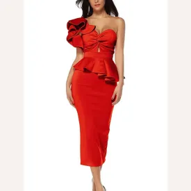 VGH Solid Elegant Two Piece Set For Women Strapless Petal Sleeve Top High Waist Spliced Ruffles Bodycon Skirt Slim Sets Female