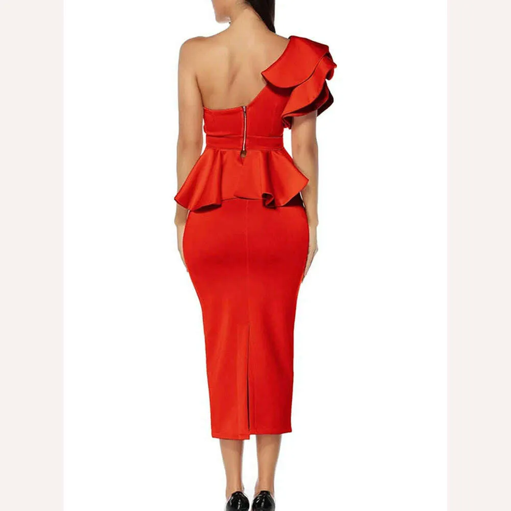 VGH Solid Elegant Two Piece Set For Women Strapless Petal Sleeve Top High Waist Spliced Ruffles Bodycon Skirt Slim Sets Female