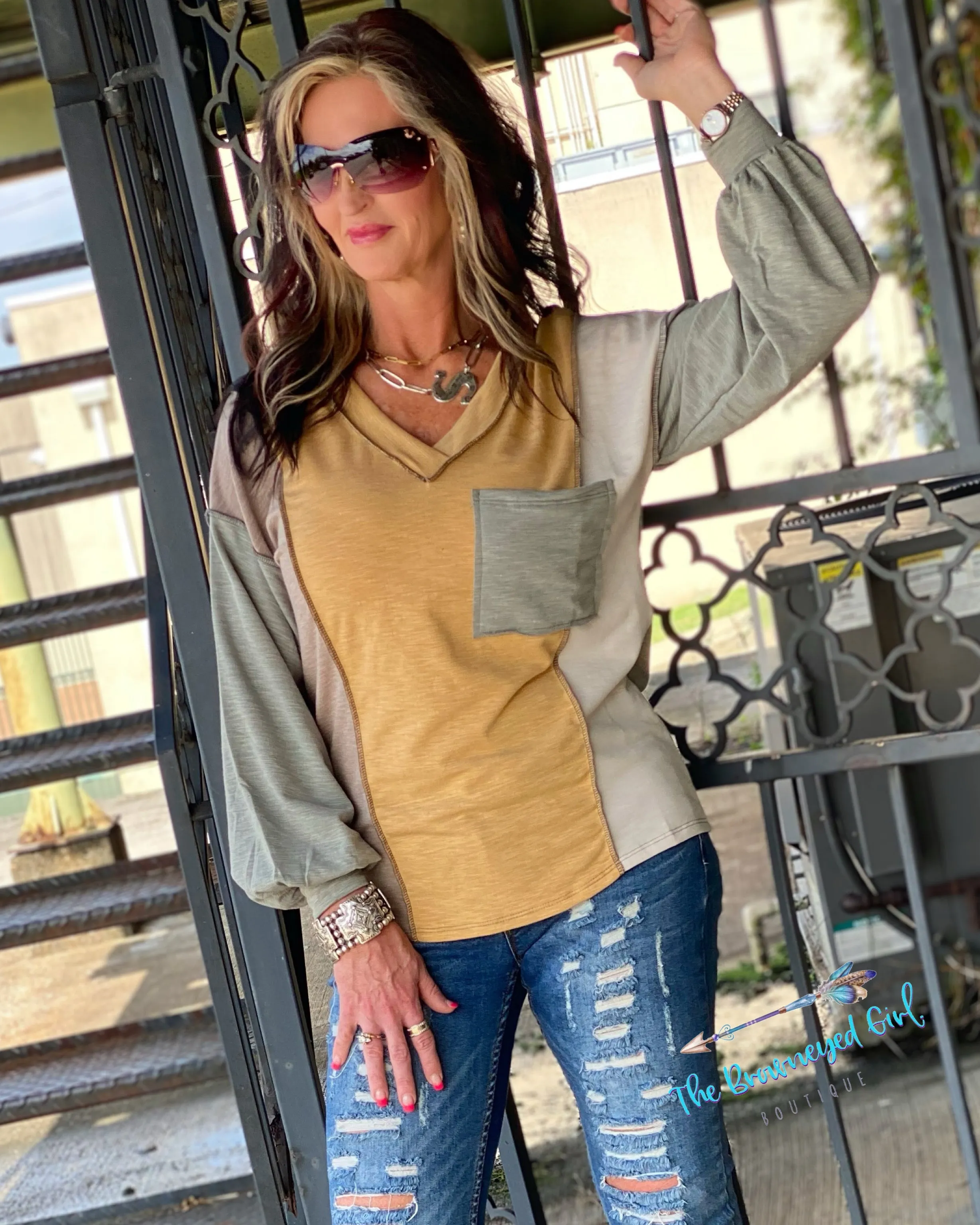 Welcome Autum V-neck Color Block Long Sleeve