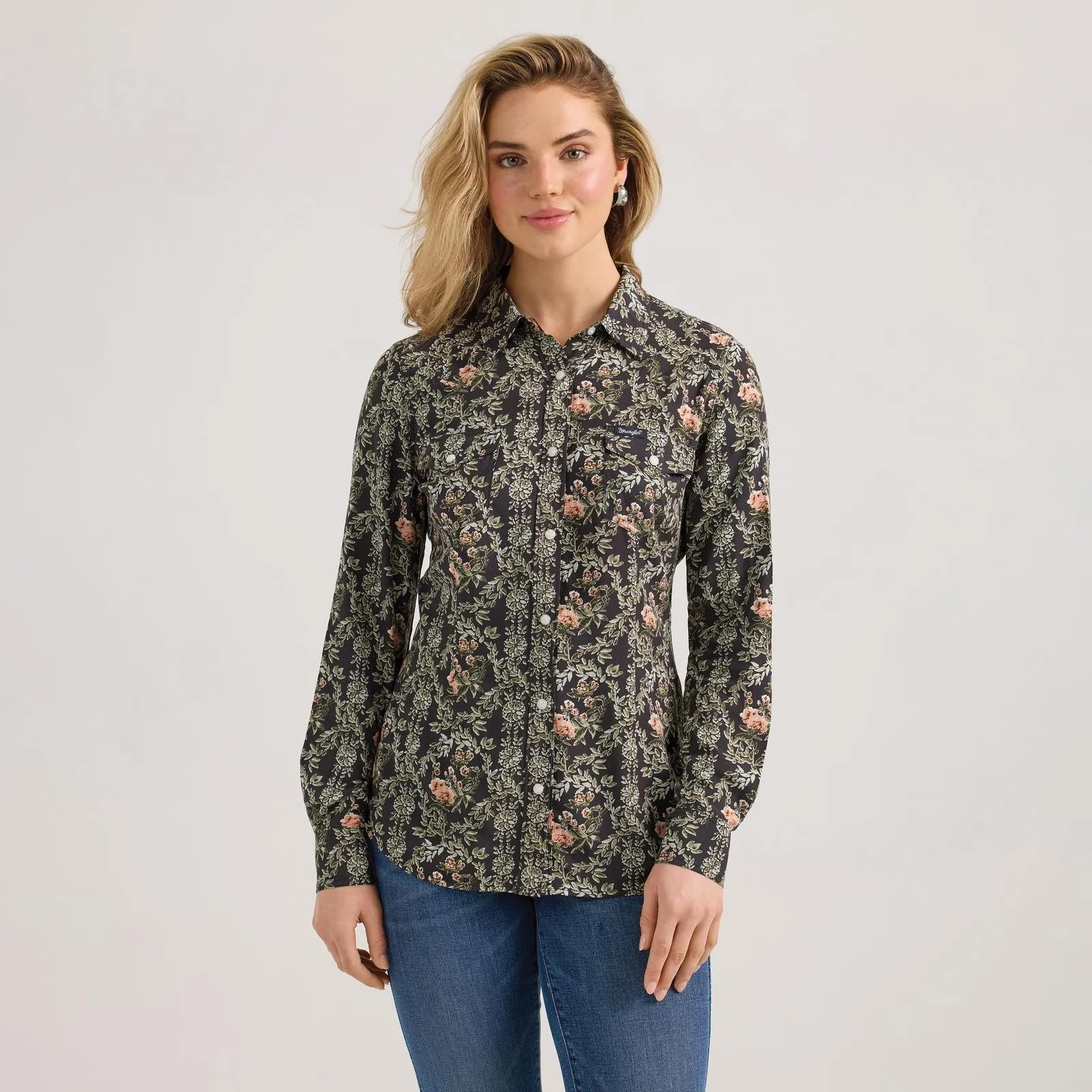 Wrangler Floral Black Snap Up