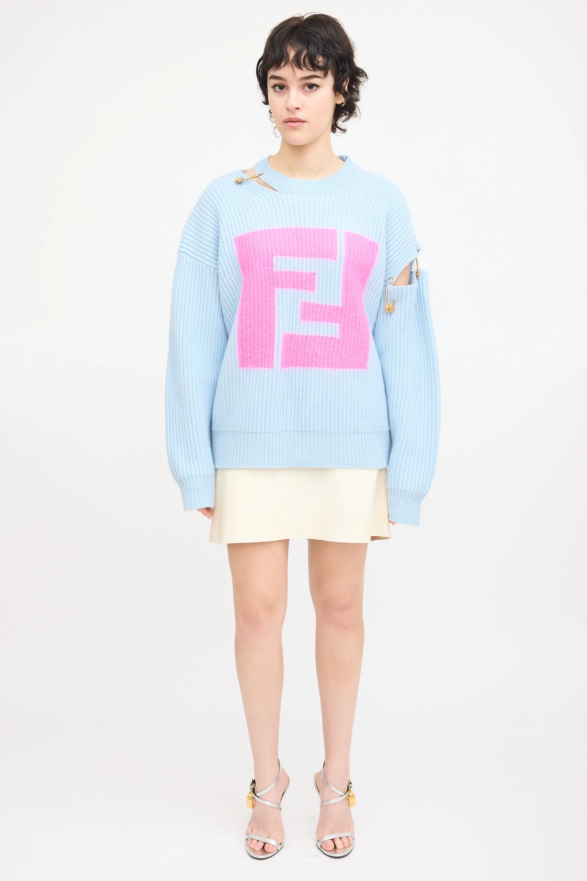 X Versace Light Blue Cashmere Logo Sweater