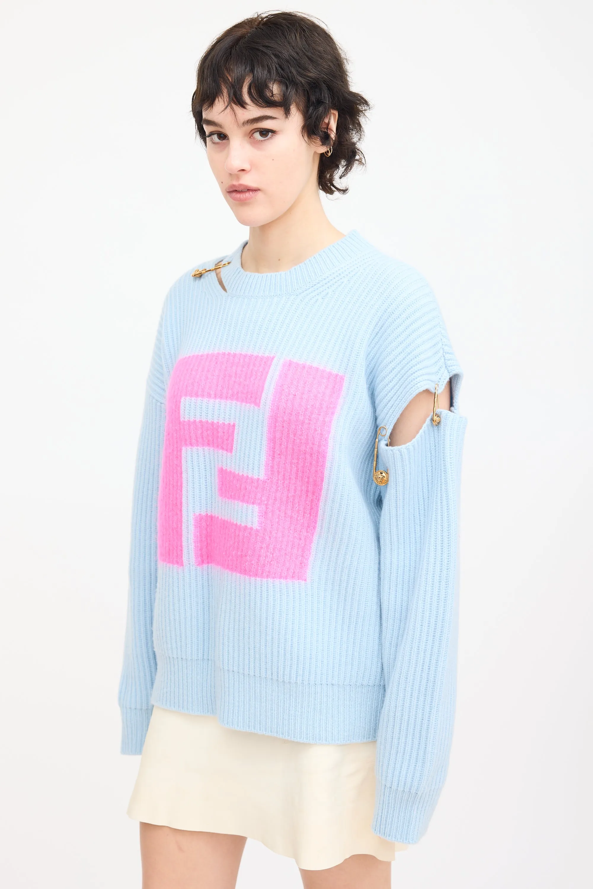 X Versace Light Blue Cashmere Logo Sweater